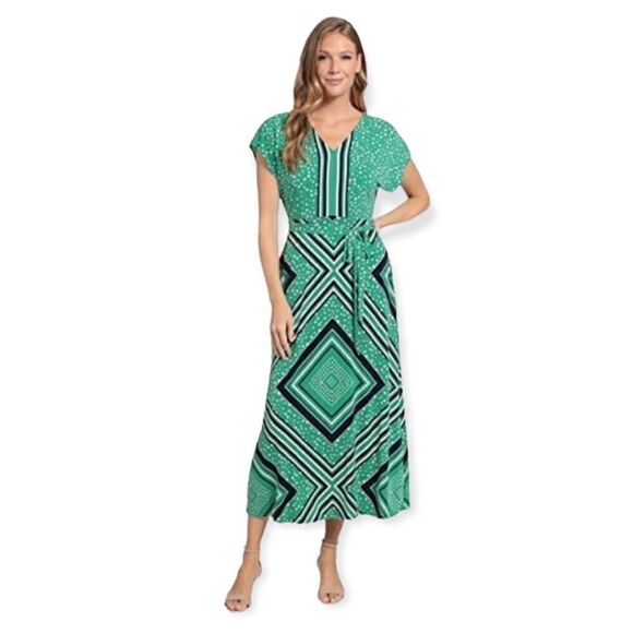 London Times Green and Navy Dot Flutter Sleeve Maxi Dress - Picture 1 of 12